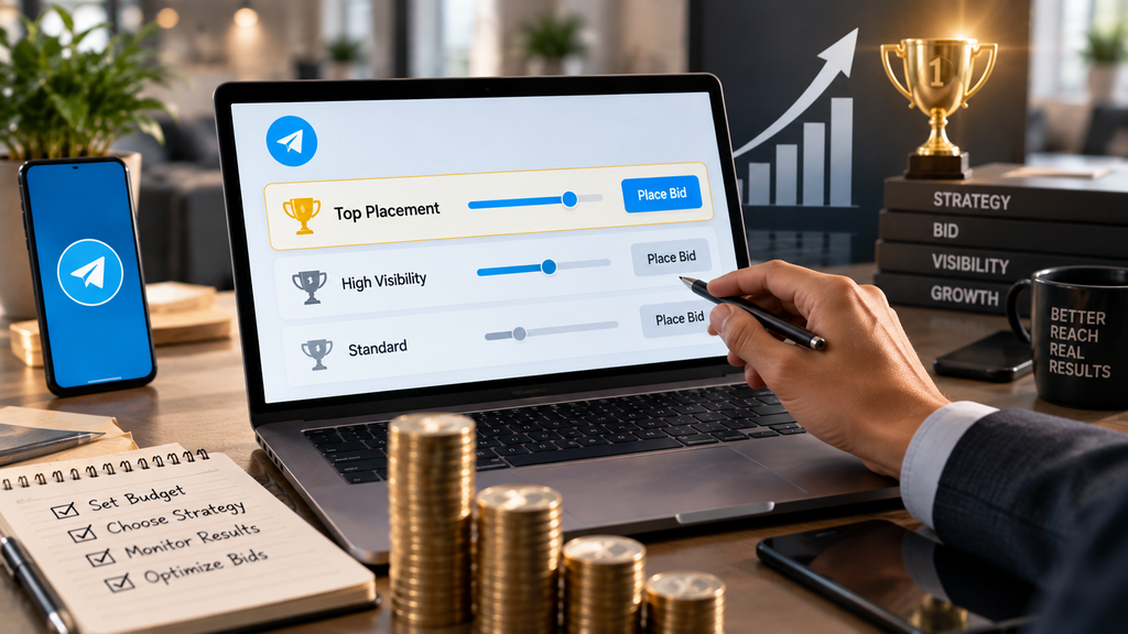 Realistic digital advertising workspace showing bid optimization, top placement, visibility levels, budget planning, and performance growth.