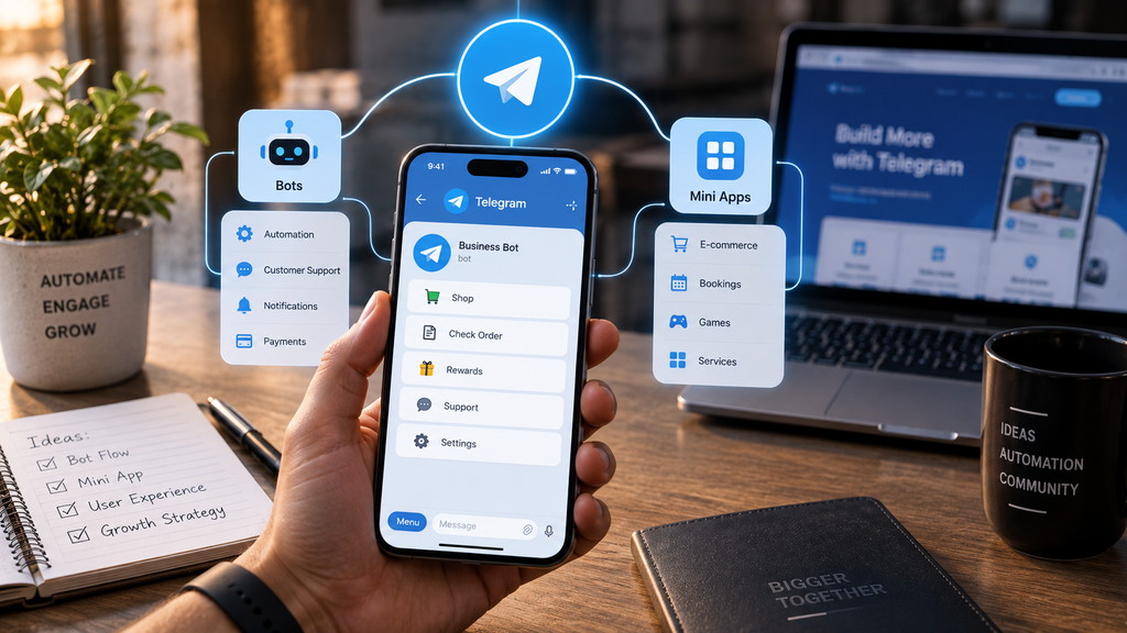 Realistic Telegram ecosystem workspace showing a smartphone with a business bot connected to bots, mini apps, automation, payments, e-commerce, bookings, and customer support.