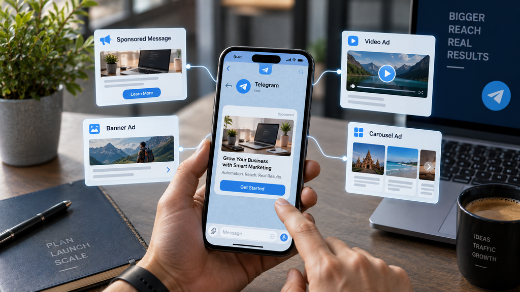 Realistic Telegram advertising scene showing a smartphone with a sponsored message connected to different ad formats including banner, video, carousel, and sponsored message ads.