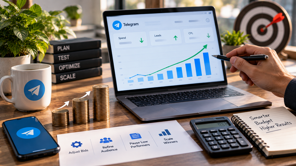 Realistic marketing workspace showing Telegram budget optimization with campaign spend, leads, CPL, bid adjustments, audience refinement, and performance growth.