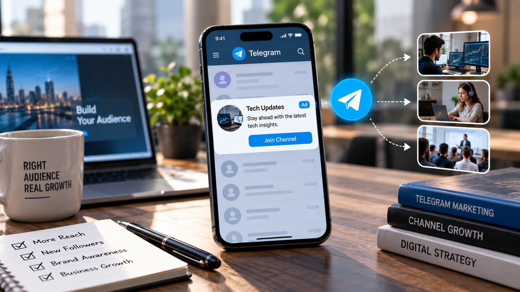 Realistic smartphone showing a Telegram channel advertisement with a Join Channel button, audience targeting, and follower growth.