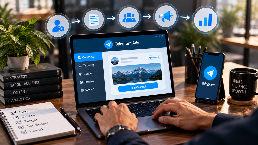 Realistic workspace showing the step-by-step process for launching Telegram Channel Ads with ad creation, targeting, budgeting, preview, and launch.