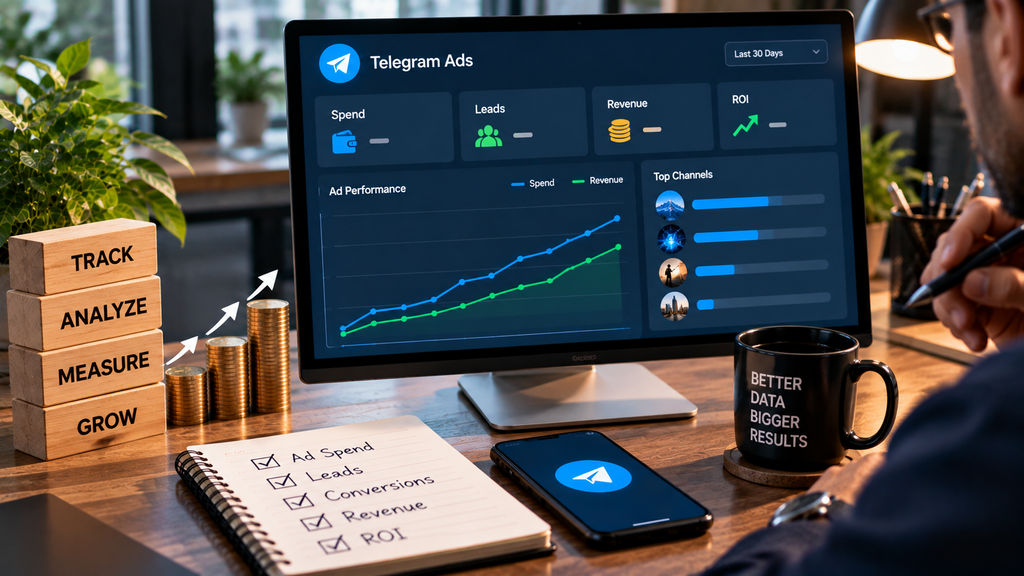 Realistic Telegram Ads analytics dashboard showing spend, leads, revenue, ROI, ad performance, and top-performing channels.