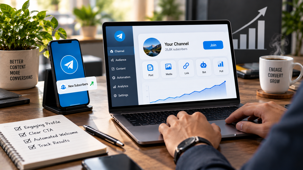 Realistic workspace showing Telegram channel optimization with subscriber growth, content tools, analytics, and conversion-focused engagement.