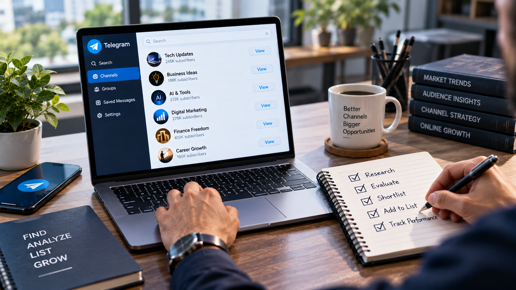 Realistic workspace showing manual research and listing of high-performing Telegram channels using subscriber data, evaluation, shortlisting, and performance tracking.