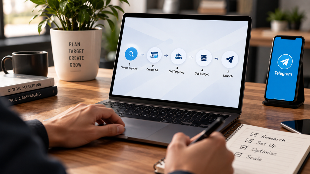 Realistic marketing workspace showing a step-by-step Telegram keyword campaign setup on a laptop with targeting, budget, and launch stages.