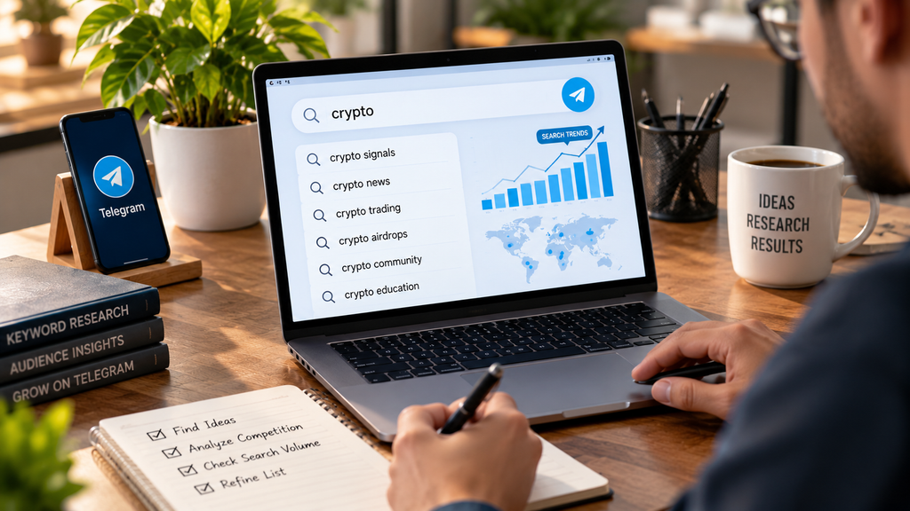 Realistic workspace showing Telegram keyword research with search suggestions, trend analytics, audience insights, and keyword planning notes.