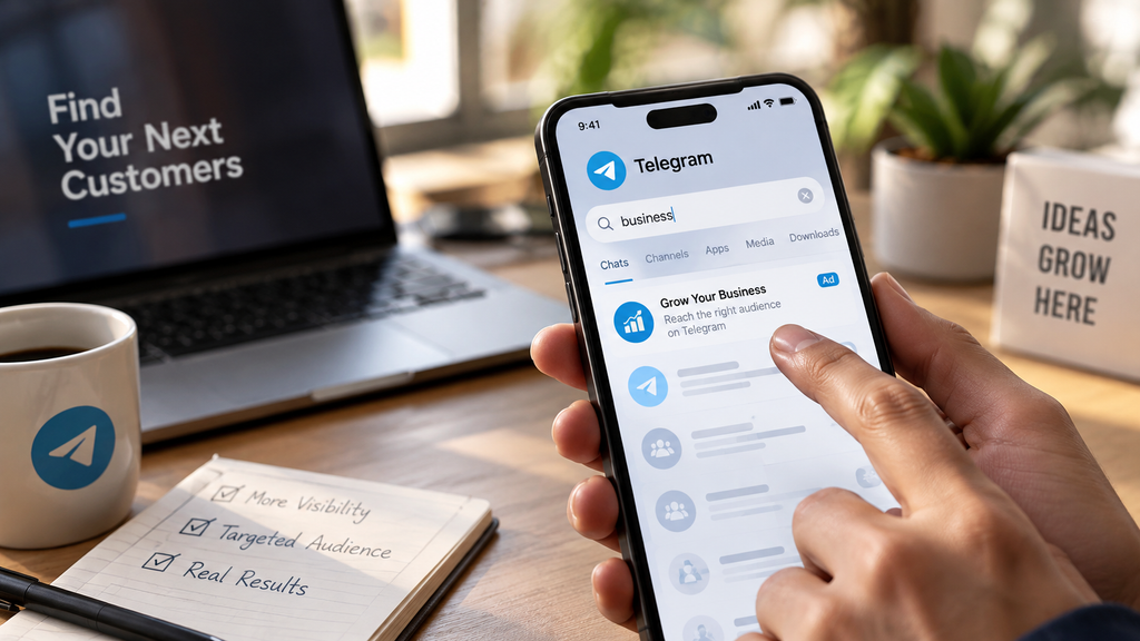 Realistic smartphone showing Telegram search results with a sponsored business ad.