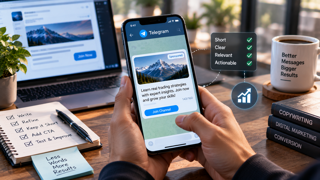 Realistic smartphone showing a concise Telegram sponsored message with a Join Channel call-to-action and copywriting principles for higher conversions.