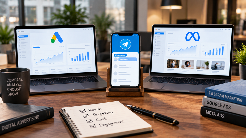 Realistic advertising workspace comparing Telegram Search Ads, Google Ads, and Meta Ads through dashboards, targeting, cost, reach, and engagement.
