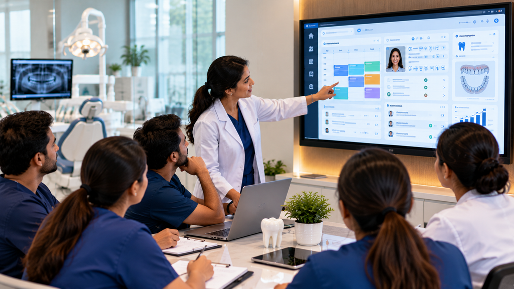 Realistic dental clinic training session with a dentist teaching staff how to use new practice management software for scheduling, patient records, treatment management, and analytics.