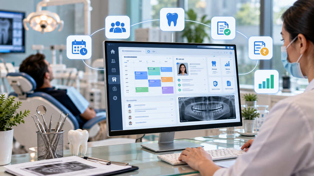 Realistic dental clinic showing a dentist using practice management software with patient records, appointment scheduling, dental imaging, billing, and analytics on a computer dashboard.