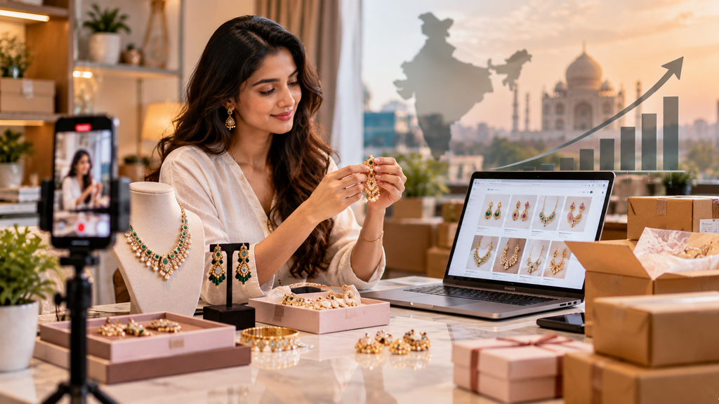 Realistic Indian jewelry entrepreneur showcasing jewelry online with an e-commerce store, product photography setup, packaging boxes, and digital sales growth visuals.