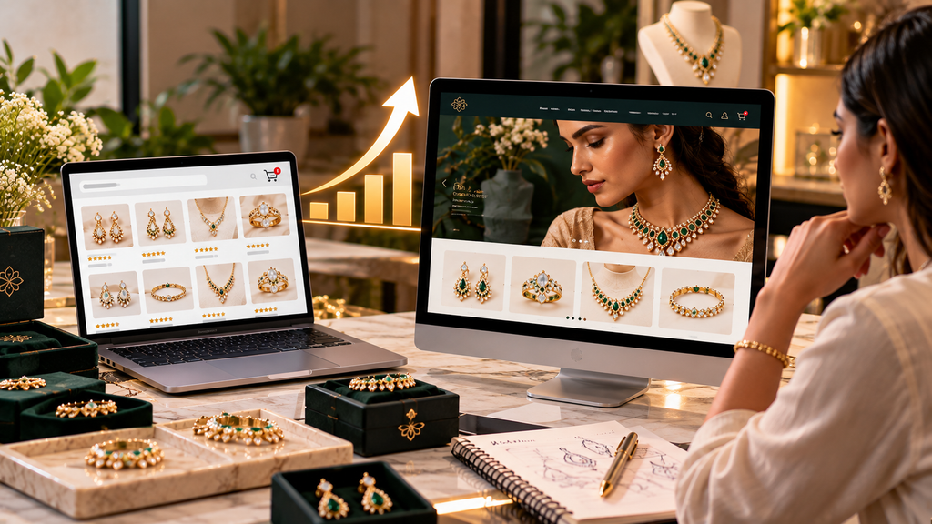 Realistic jewelry business scene comparing a basic online store with a premium custom jewelry website, highlighting branding, product presentation, and ecommerce growth potential.