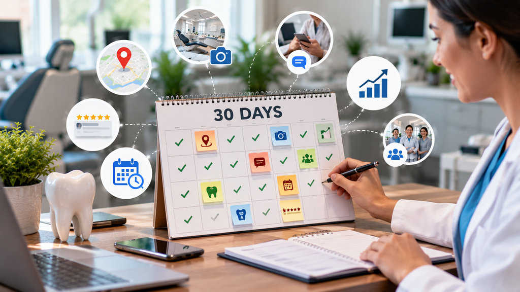 Dental clinic 30-day action plan with a calendar, completed tasks, local SEO, reviews, bookings, photos, and growth activities