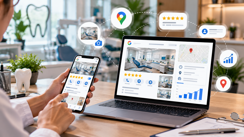 Dental clinic Google Business Profile optimized with photos, reviews, location details, contact options, and local search analytics.