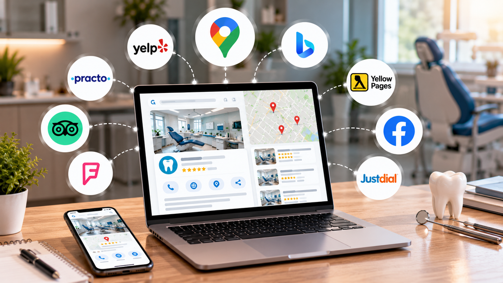 Dental clinic local directory listings and citations displayed across search platforms, maps, review sites, and business directories.