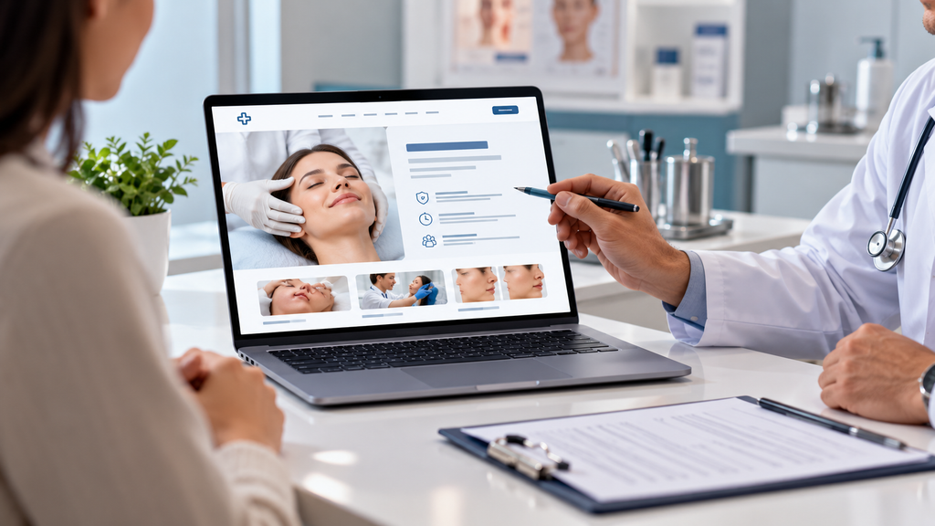 Doctor showing a patient a treatment webpage on a laptop with clear services, benefits, treatment images, and appointment-focused design.