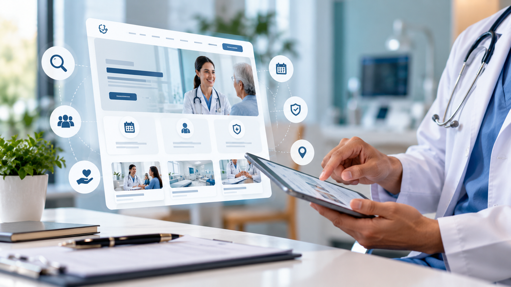 Doctor using a tablet with a patient-focused healthcare interface featuring clear navigation, appointment options, medical services, and accessible UX elements.