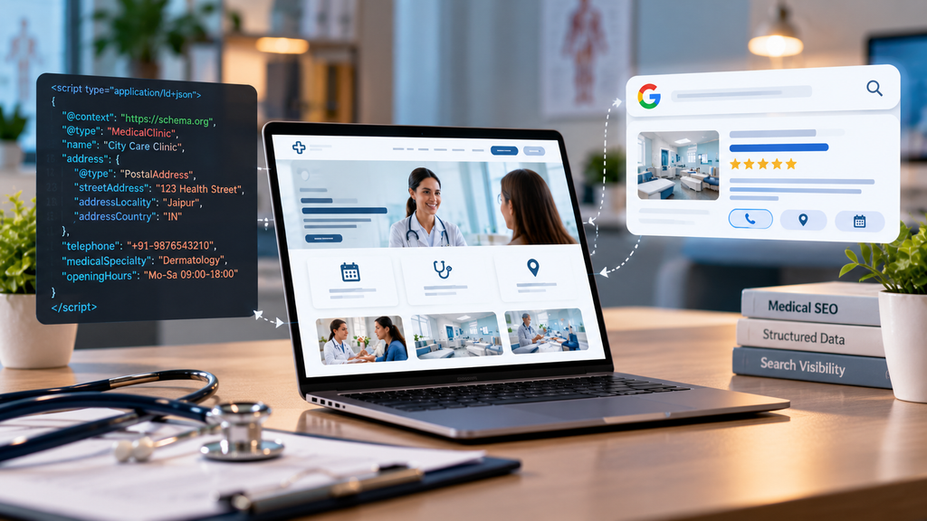 Clinic website with medical schema markup, structured data, and enhanced search result features displayed on a laptop.