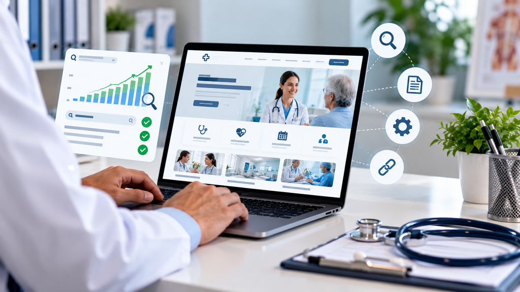 Medical website displayed on a laptop with SEO analytics, search optimization icons, healthcare content, internal links, and technical SEO elements.