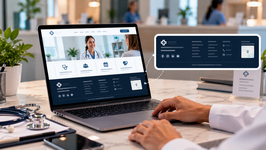 Modern clinic website footer displayed on a laptop with contact details, navigation links, social icons, location map, and medical branding.
