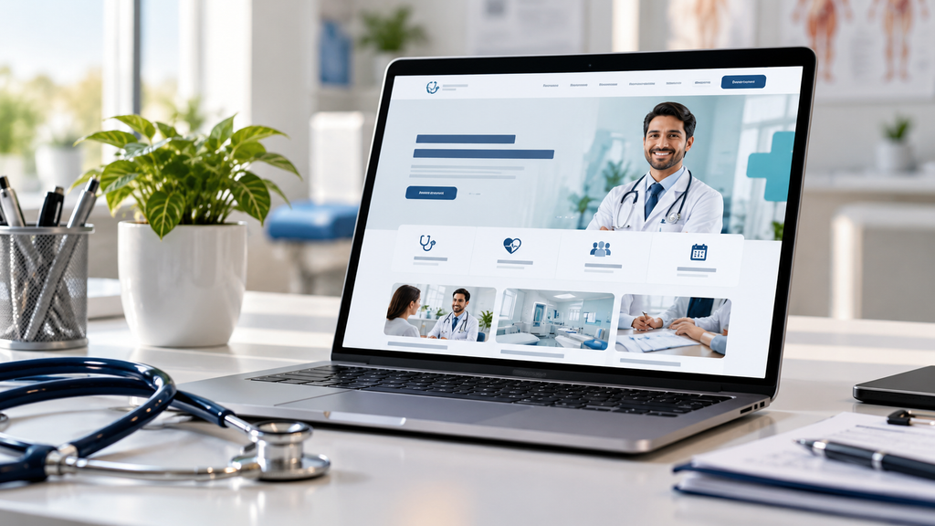 Modern medical website layout displayed on a laptop in a professional clinic workspace with doctor, healthcare services, and appointment interface.