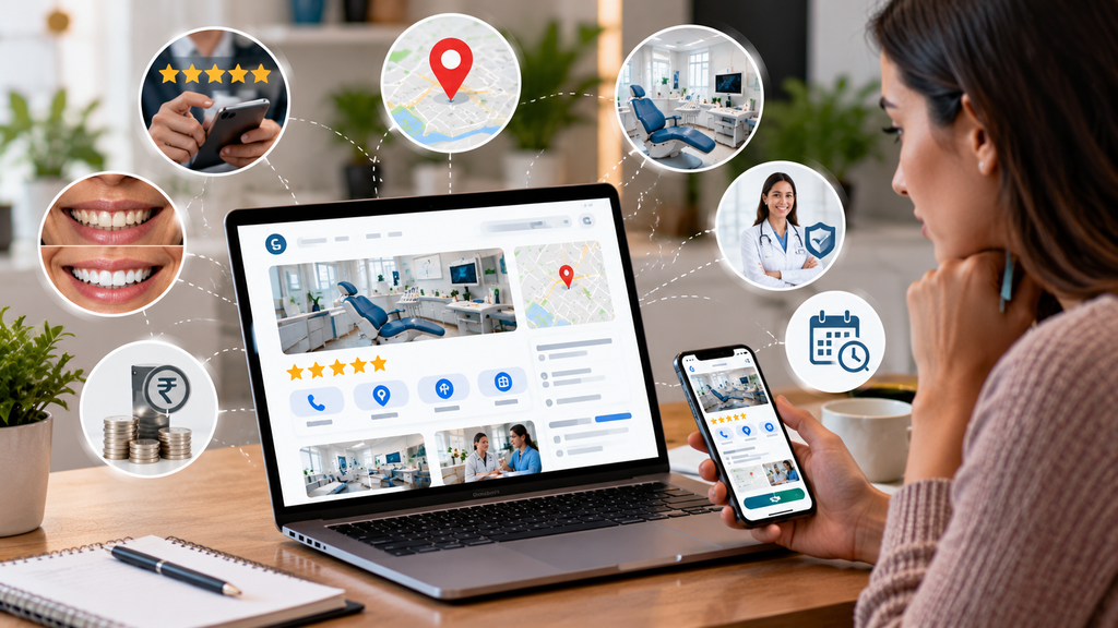 Patient comparing dentists online by checking reviews, clinic location, services, dentist credentials, pricing, photos, and appointment availability.
