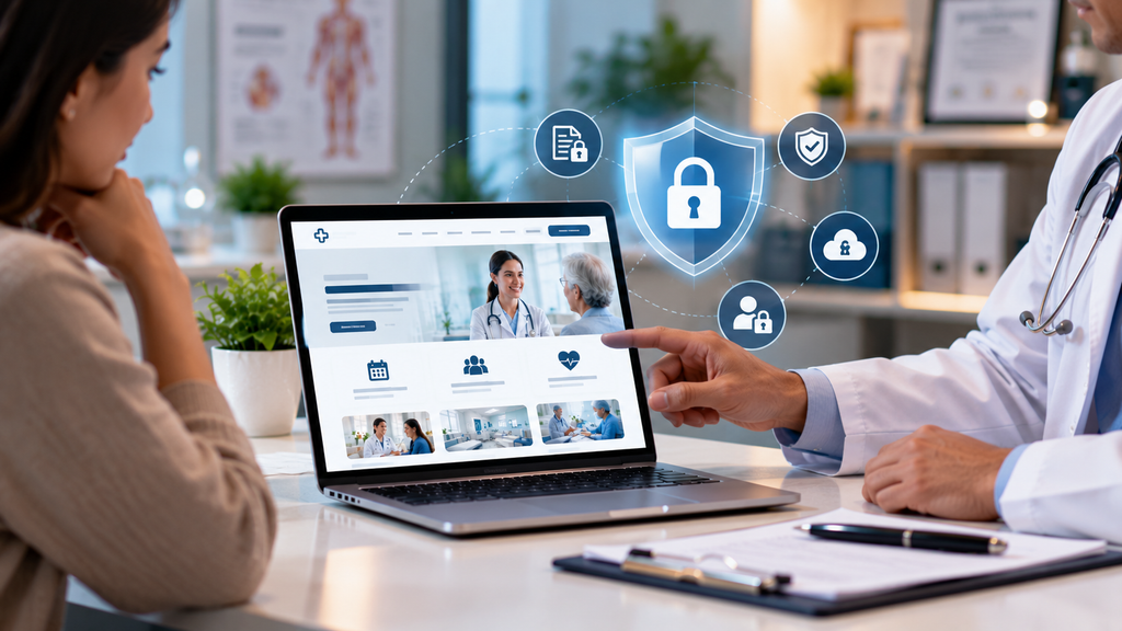Doctor and patient reviewing a secure healthcare website with privacy shields, lock icons, protected medical records, and data security cues.