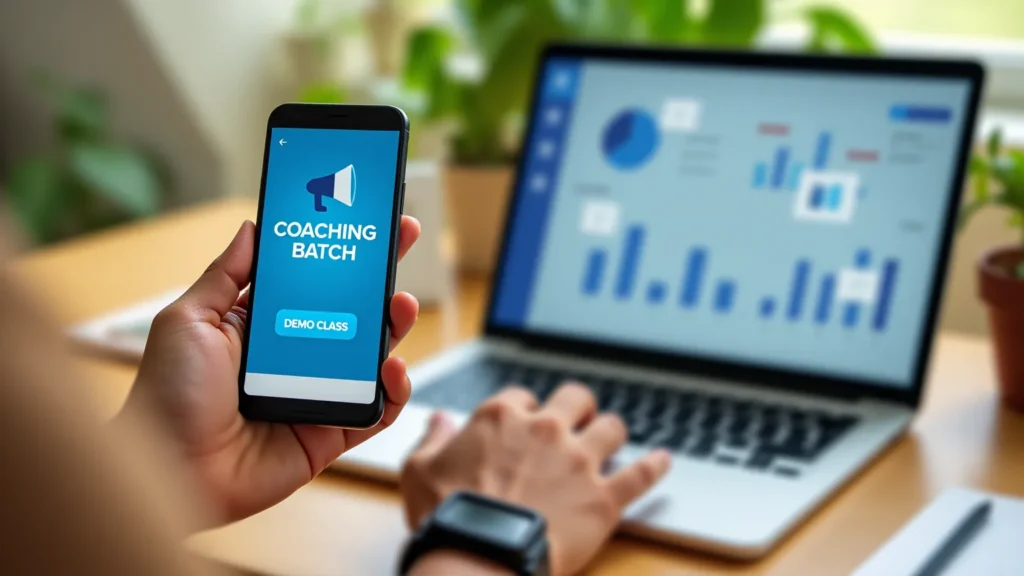 Coaching admission ad on a smartphone with a campaign dashboard on a laptop